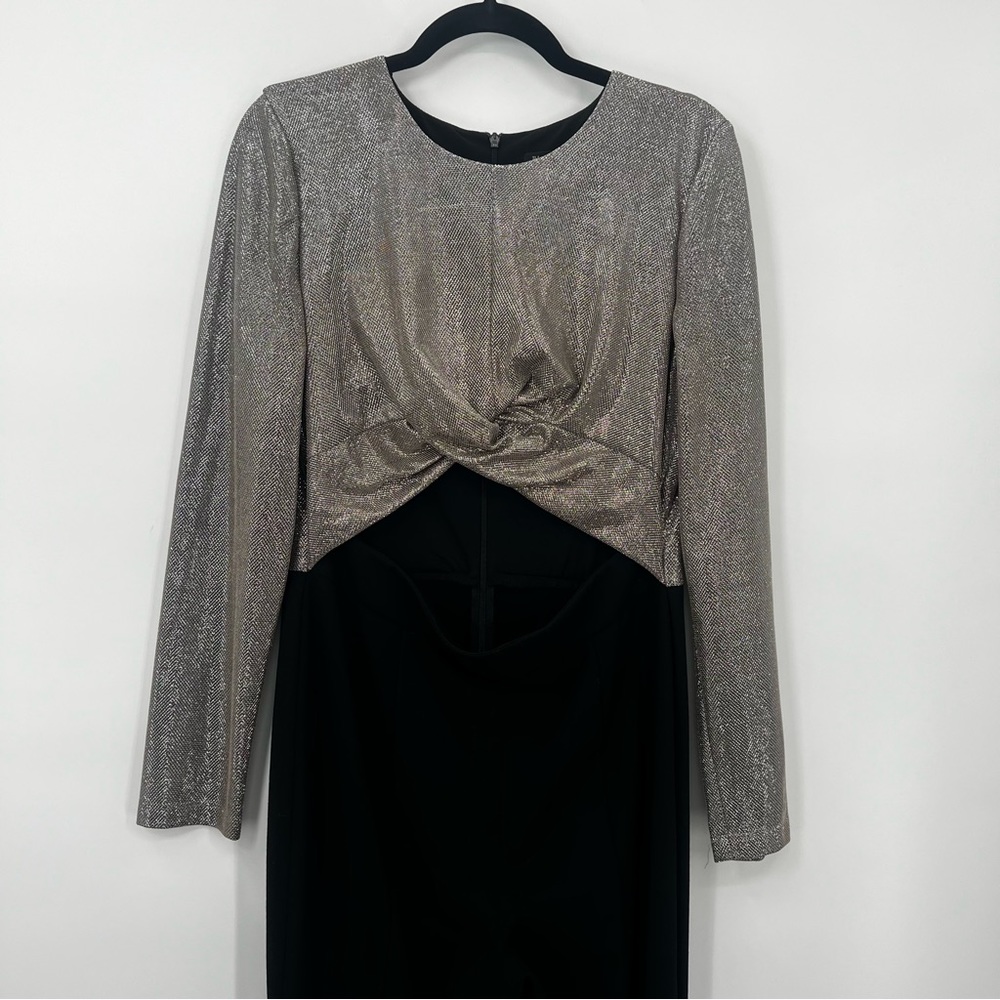 Black Halo Angie Flared Leg Jumpsuit Cutout Metallic Silver Bodice Romper 12 - Picture 7 of 17